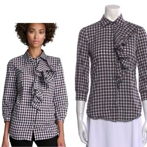 Toy Burch | Striped Plaid Ruffle Multicolor button Down Blouse| Size 8